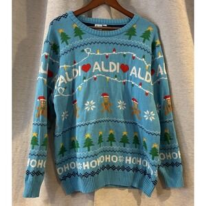 Aldi ugly christmas sweater men XL Gingerbread Man Themed Sky Blue